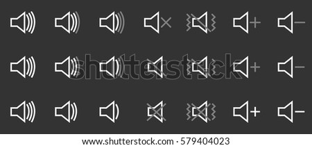 Set of white outline sound indicator speaker volume up and down vibrate/vibration mode mute button icons on a dark grey gray black background trendy flat minimalistic design vector illustration