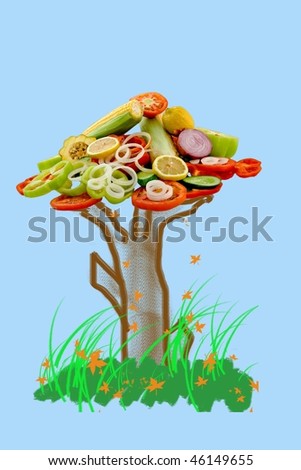 The drawn tree from the cut salad from vegetables