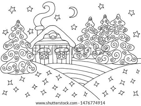 House in the winter snow spruce forest - coloring page for children and adults