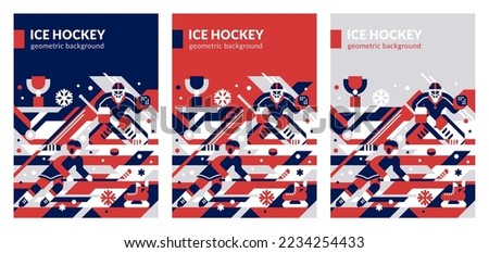 Ice hockey vector backgrounds, flat geometric style. Sport book cover design template. Hockey poster design.