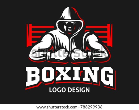 Silhouette of a muscular boxer in a hoodie against the backdrop of a boxing ring - boxing emblem, logo design, illustration on a black background