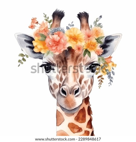 Watercolor cute hand drawn giraffe. Giraffe in floral wreath flowers bouquet