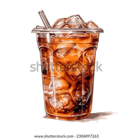 Vector watercolor coffee in cup. Ice latte, caramel, coffee, and tonic Isolated on white background.