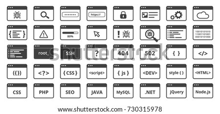 Code icons set in trendy flat style. Line code window on isolated background. Include programming  languages, development, debugging, security and software stickers 