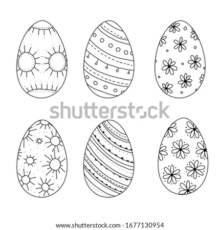 Easter egg vector collection in doodle style. Hand drawn illustration. Banner hand drawn black on white painted eggs background with flowers, sun, waves and stripes.