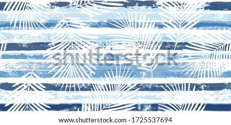 Blue stripes seamless pattern with palm leaf