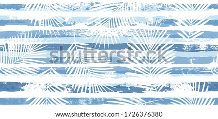 Summer Tropical pattern, palm leaves seamless vector floral background. Exotic plant on blue stripes illustration, jungle print. Leaves of palm tree on paint lines. ink brush strokes