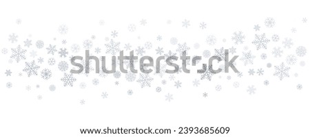 Christmas snowflakes background. Winter silver snow border decoration, greeting card. Noel subtle frame backdrop. Vector illustration