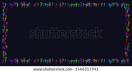 Horizontal Pattern of rainbow question marks scattered rectangular shaped on a black background. Colorful poll template. Design for query background, faq, interrogation,  quiz, poll. Vector