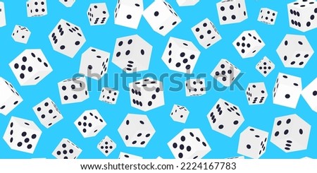 Gambling game dice. Seamless pattern of realistic isometric  white play dice cubes with black dot isolated on blue background. Object to play in casino, dice from one to six dots. Vector illustration
