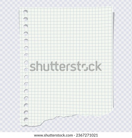 Blank checkered page with torn edge on transparent. Notepaper from spiral bound notebook. Realistic mockup for text, advertisement, math, doodle, sketch, scrapbooking. Vector illustration