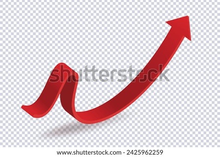 Abstract Curved Red Arrow. Market movements creative concept charts, infographics. Red curve arrow with shadow on transparent. Trading stock news impulses. Realistic 3d vector design of trend