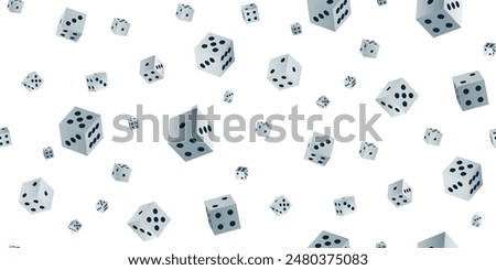 Gambling game dice. Seamless frame pattern of realistic isometric white play dice cubes with black dot isolated on white. Object to play in casino, dice from one to six dots. 3d Vector illustration