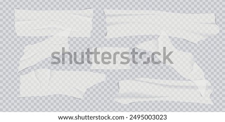 Transparent adhesive tape and adhesive sellotape. Sticky tapes with torn edges, adhesives piece of white taped. Sticky scotch, duct paper strips on checkered background. Realistic vector illustration