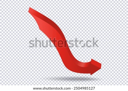 Abstract Curved Red Arrow. Market movements creative concept charts, infographics. Red curve arrow with shadow on transparent. Trading stock news impulses. Realistic 3d vector design of trend