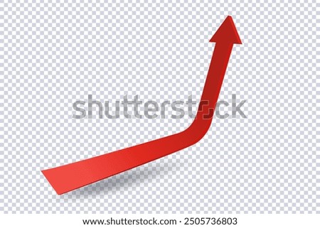 Abstract Curved Red Arrow. Market movements creative concept charts, infographics. Red curve arrow with shadow on transparent. Trading stock news impulses. Realistic 3d vector design of trend