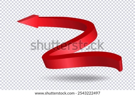 Abstract Curved Red Arrow. Market movements creative concept charts, infographics. Red curve arrow with shadow on transparent. Trading stock news impulses. Realistic 3d vector design of trend