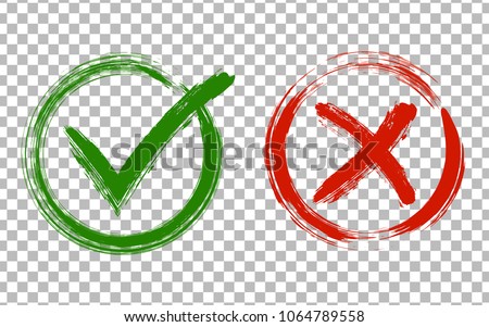 Green brush symbolic OK and red X icon isolated on transparent.Tick and cross signs, check marks graphic design. YES and NO acceptance and rejection symbol vector buttons for vote, election choice.