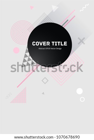 Cute memphis front cover clipart with white, pink and grizzly geometrical shapes on background. Minimalistic front page theme. Colorful title page graphic design for school notebook, dairy or notepad.