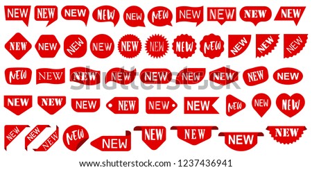 Red  NEW speech bubbles, sale labels set. Vector tag, burst stamp, promo badge, sticker new templates. Chat message icons, product signs mockup collection. NEW arrival tags, sale coupon labels.