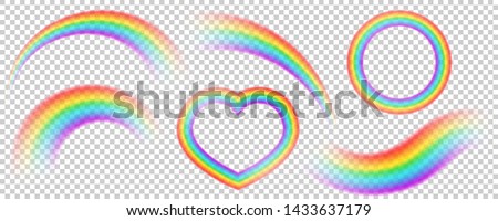Colorful transparent rainbows vector set. Perspective diagonal view. Bright realistic arch rainbows, heart and round halo rainbow. Fantasy symbol of good luck.