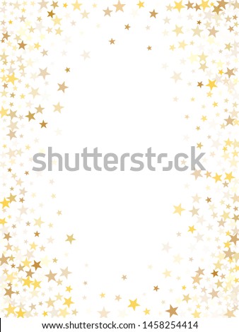 Gold flying stars confetti magic holiday frame vector, premium sparkles stardust border background.  Geometric holiday decor stars background vector, flying gold sparkles confetti on white.