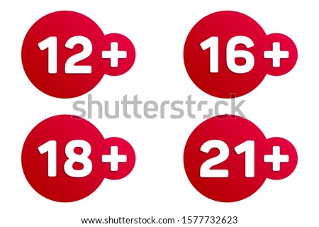 12,16,18,21 plus years old signs vector set. Adults content icons. 12,16,18,21 + age restriction signs vector icons. Twelve, sixteen, eighteen and trenty one plus years stickers, labels, red badges