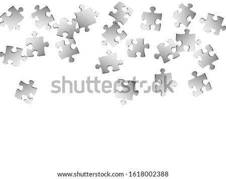 Game teaser jigsaw puzzle metallic silver parts vector illustration. Top view of puzzle pieces isolated on white. Problem solving abstract concept. Jigsaw gradient plugins.