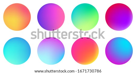 Circle holographic gradients set, spherical buttons. Multicolor neon hologram fluid color circle gradients, soft round buttons, vivid blurred spheres flat set for web icons, labels, signs.