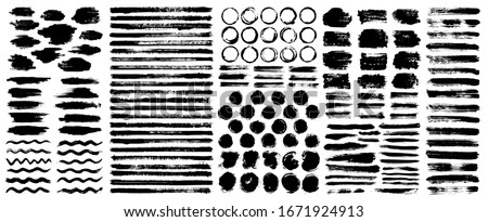 Dry paint stains brush stroke backgrounds set. Dirty artistic vector design elements, boxes, frames for text, labels, logo. Hipster stickers, paintbrush grunge stamp label backgrounds, circle frames. Stockfoto © 