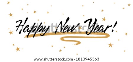 Happy New Year calligraphy holiday banner festive design with gold star sparkles. Black handwritten lettering beautiful font. Happy New Year 2021 greeting card template with calligraphic text.