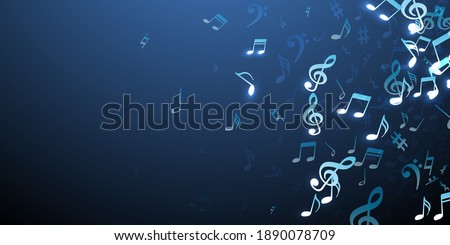 Musical notes flying vector pattern. Sound composition elements swirling. Digital music wallpaper. Abstract notes flying silhouettes with sharp. Birthday card background.