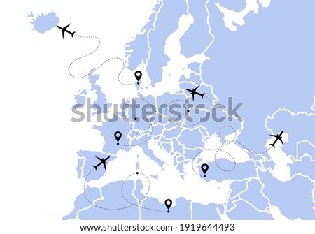 Airplane line path vector icons of air plane flight routes with start points and dash line traces. Aircraft clip art icon with route path track in blue black white. Airplane Europe map vector.