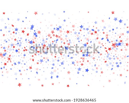 American Patriot Day stars background. Confetti in USA flag colors for Independence Day.  Stylish red blue white stars on white American patriotic vector. 4th of July holiday stardust.