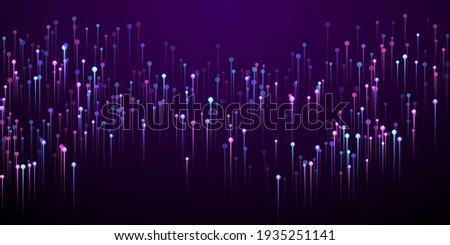 Dynamic glowing line rays fiber optics vector. Geometric neon purple light elements. Social science lines shift up visual wallpaper. Fiber optics progressive background.