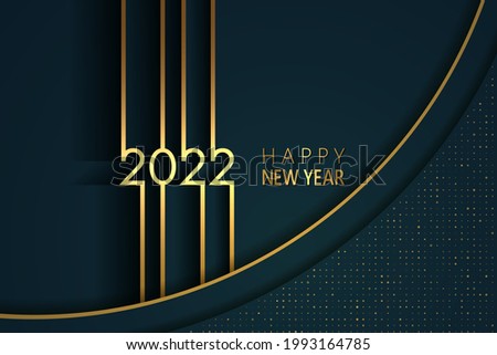 Blue gold 2022 Happy New Year card with premium foil gradient texture lines, dark background. Festive rich design for holiday card, invitation, calendar poster. Happy 2022 New Year gold text on blue.