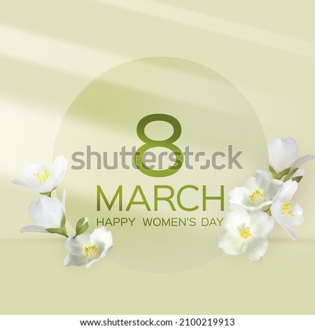 Happy Women's Day greeting card. March 8th banner. Jasmine branches vernal flower bush blossom. Minimal Womens Day card with mock orange jasmine in white green yellow colors.