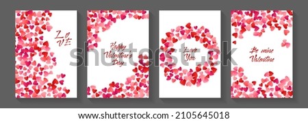 Valentine's day love concept cards set. Vector illustration. Flat red and pink paper hearts backgroundd. Love, Happy Valentine's Day, Be mine Valentine cards with red paper hearts holiday scatter.