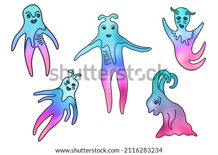 Alien cartoon characters, ghosts, monsters vector illustraion set. Kind and happy alien creatures, cartoon monsters, ghosts vector collection. Troll or goblin silly smilinsg animals, goofy gremlins