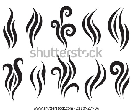 Smoke or hot steam icons, aroma smell vector signs. Scent logo collection. Heat vapor symbols. Water steam evaporation, cigarette smoke, flame logo icons.  Coffee aroma symbols. Cooking flavors set