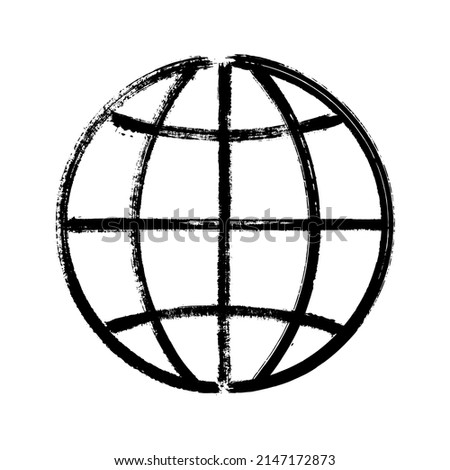 Brush stroke globe icon, earth planet sign, world symbol vector illustration. Black pictogram on white backgroud. Circle simple outline globe web icon. Planet with parallels and meridians web sign.