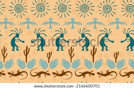 Kokopelli with flute, pangolin, hawk, volute sun, hands and cactus tribal vector seamless pattern. Anasazi fertility god motif. Kokopelli powwow design. Native american folk pattern. Animals motif.