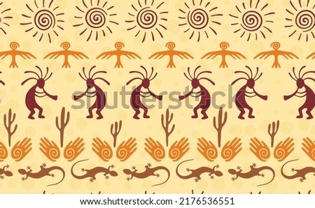 Kokopelli with flute, pangolin, hawk, sun symbol, hands and plant tribal vector seamless pattern. Pueblo fertility god motif. Kokopelli powwow design. Southwestern ethnic pattern. Nature motif.