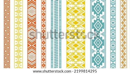 Embroidery patterns vector set. Seamless vertical edge ornaments isolated. Lacework strip edging. Slavic ethnic patterns. Bridal dress apparel frills. Openwork tissue lattice.