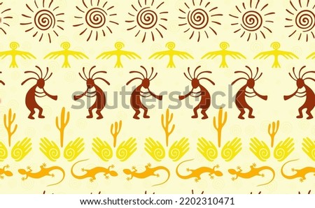 Kokopelli with flute, lizard, eagle, helix sun, hands and cactus ethnic vector seamless pattern. Pueblo fertility god motif. Kokopelli powwow design. Southwestern ethnic pattern. Nature motif.
