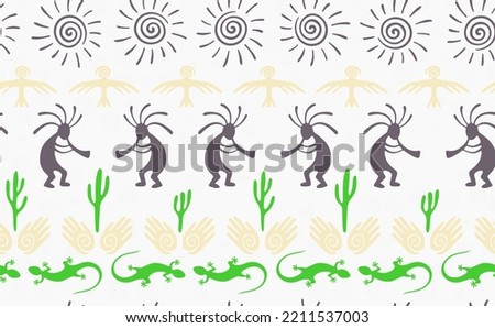 Kokopelli with flute, lizard, bird, spiral sun, hands and cactus ethnic vector seamless pattern. Aztec fertility god motif. Kokopelli powwow design. Southwestern ethnic pattern. Animals motif.