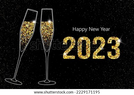 2023 Happy New Year. Champagne glasses vector illustration. Restaurant glassware. Bubbly in glass. Champagne glasses flat icons, fizzy champaign in goblet. Holiday gold glitter confetti. 2023 New Year