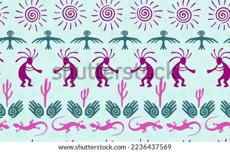 Kokopelli with flute, lizard, bird, spiral sun, hands and cactus ethnic vector seamless pattern. Anasazi fertility god motif. Kokopelli playing design. Aboriginal ethnic pattern. Animals motif.