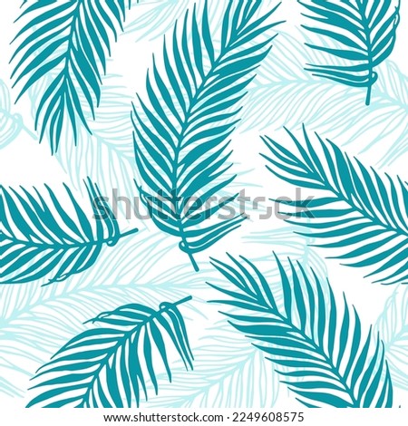 Turquoise mint palm leaf on white background vector seamless pattern. Exotic tropical pal leaves botanical illustration. Jungle foliage teal white repeating design.