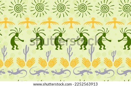 Kokopelli with flute, lizard, eagle, helix sun, hands and cactus ethnic vector seamless pattern. Hopi fertility god motif. Kokopelli powwow design. Southwestern ethnic pattern. Nature motif.